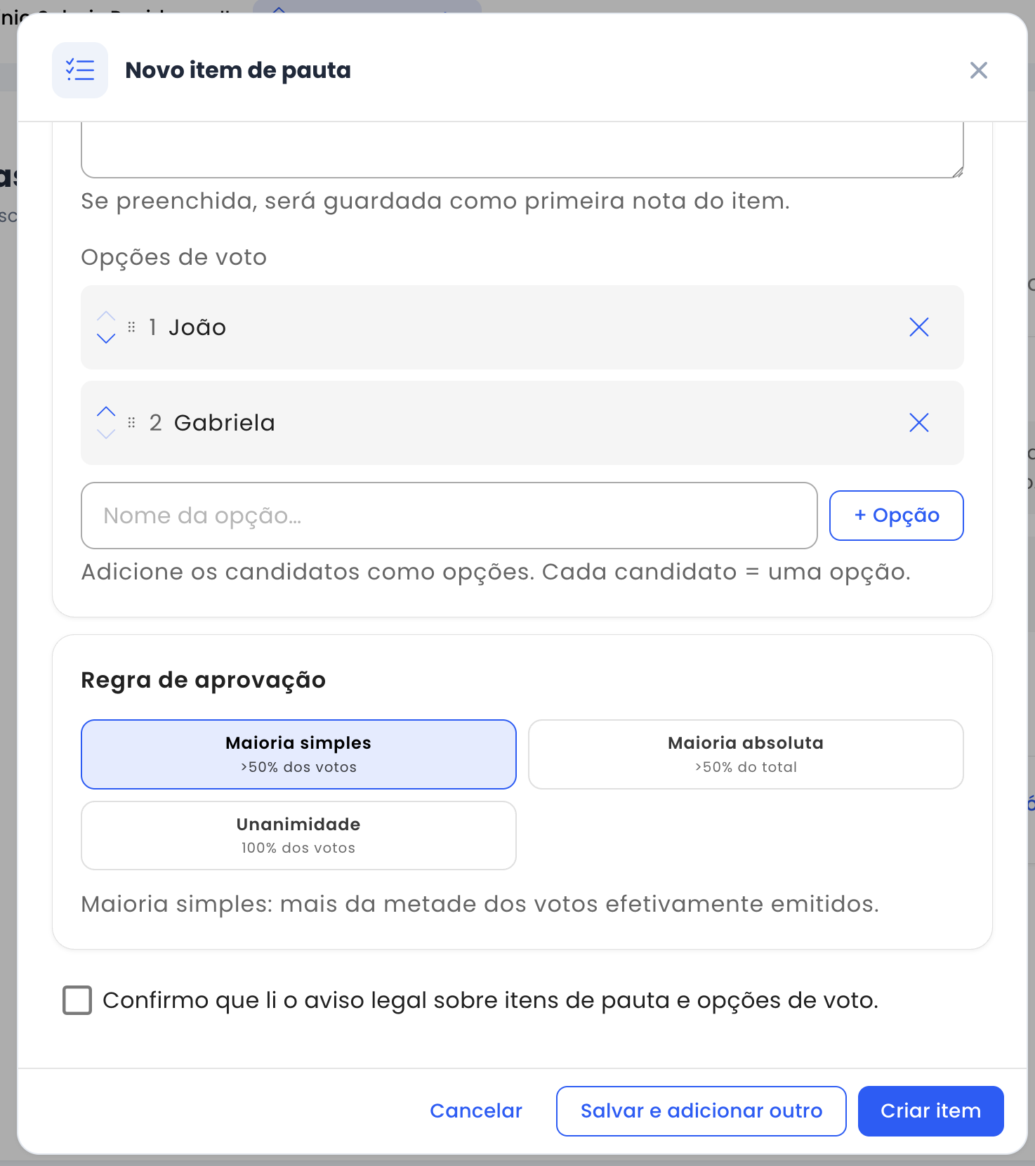 Formulário de novo item de pauta com tipos Deliberação, Eleição, Aprovação e Informativo e configuração de opções de voto