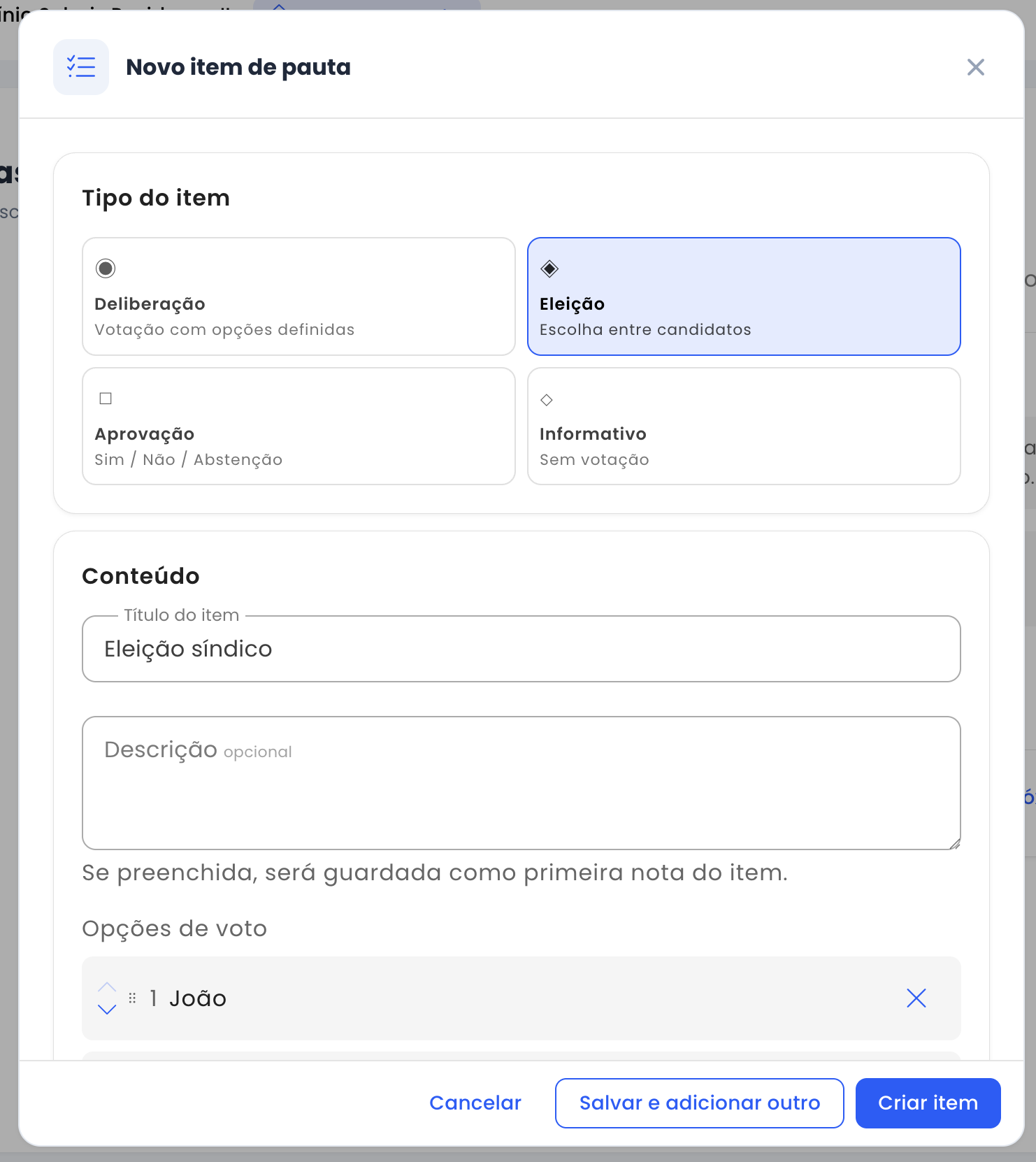 Formulário de nova assembleia — etapa Informações com campos de título, tipo, datas, modalidade e local