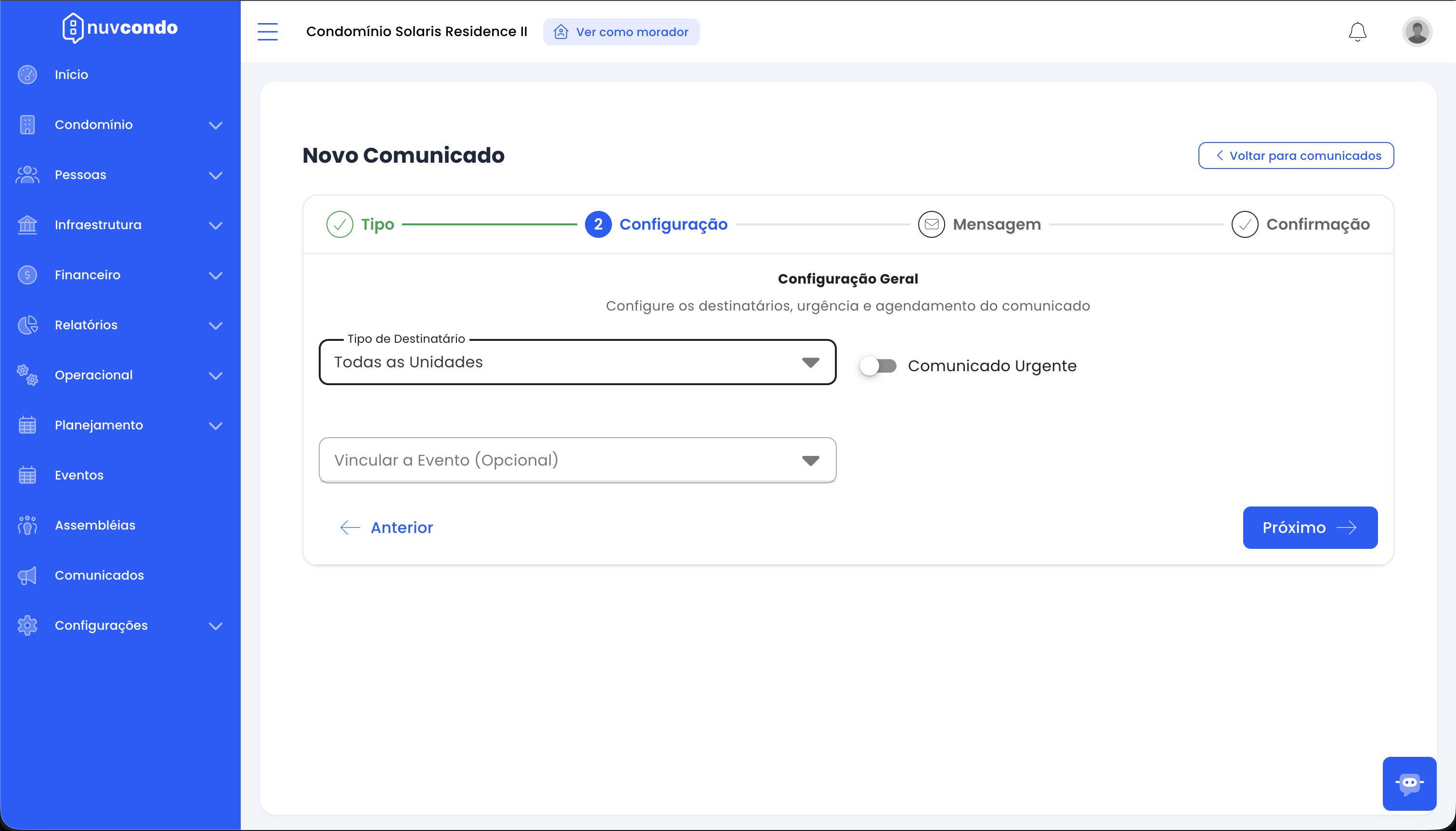 Tela de configuração com seleção de destinatários, chave de urgência e vínculo com evento