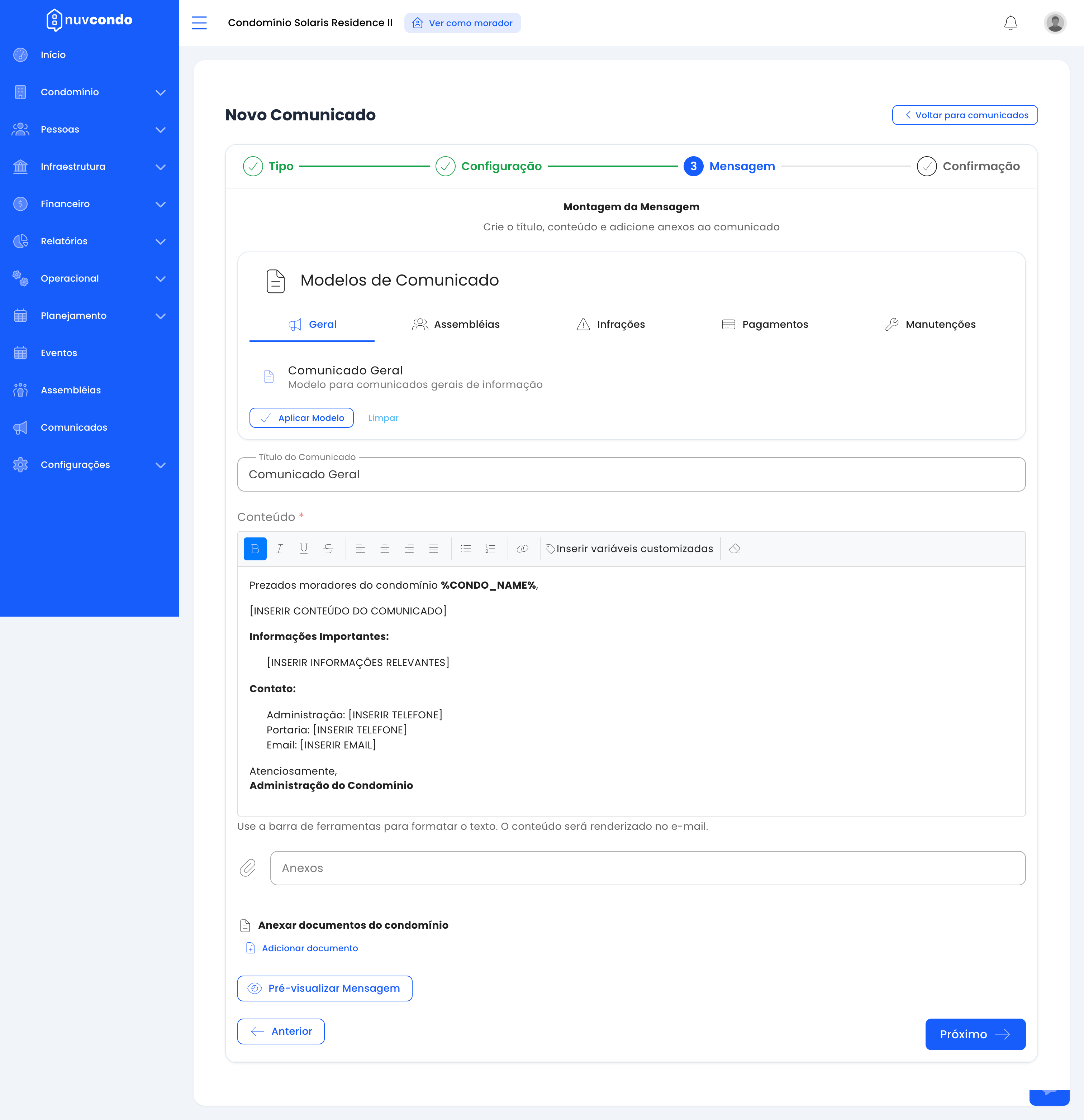 Etapa de montagem da mensagem com modelos, editor de texto, campo de anexos e opção de documentos do condomínio