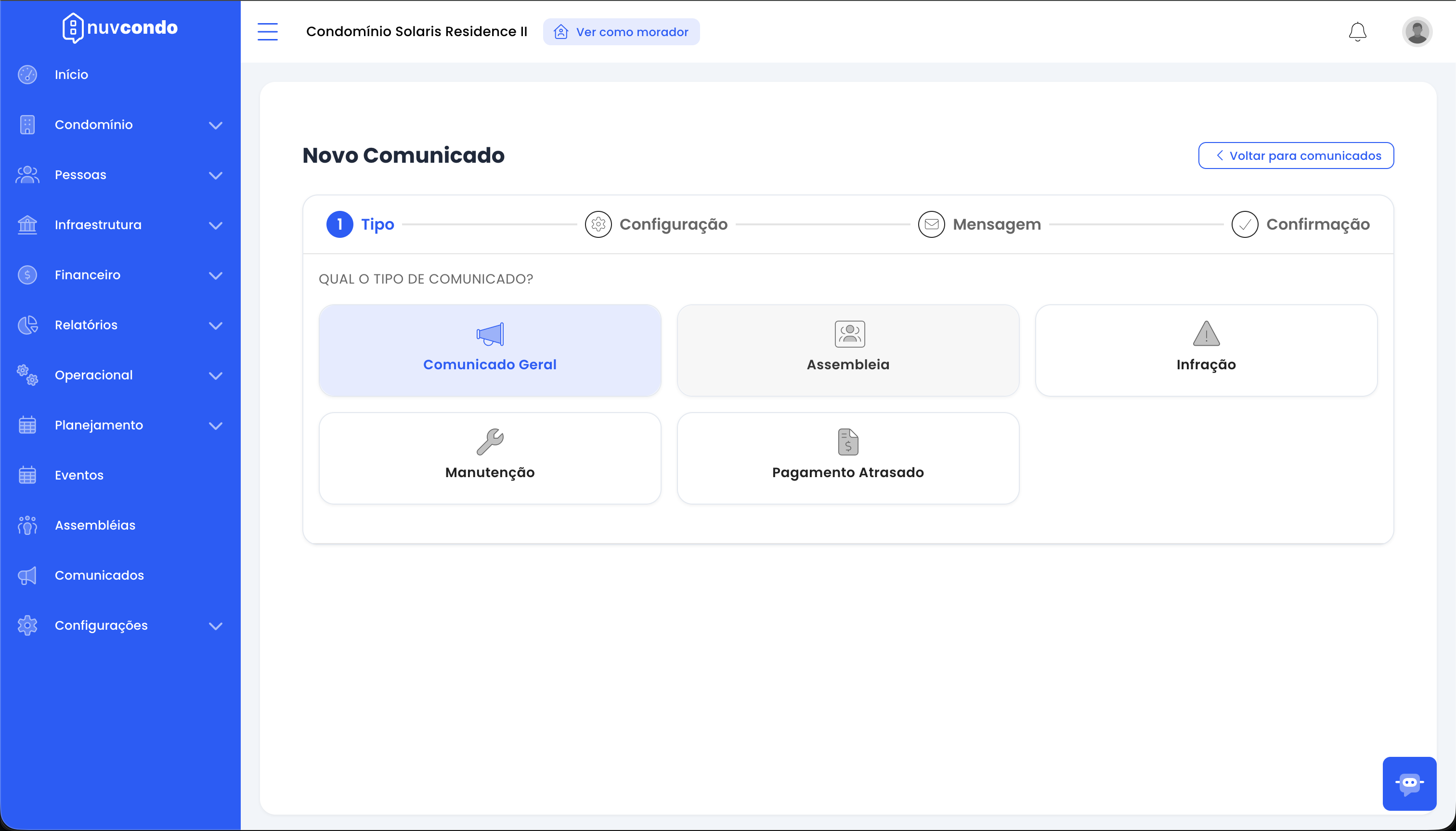 Tela de seleção de tipo de comunicado com opções Comunicado Geral, Assembleia, Infração, Manutenção e Pagamento Atrasado