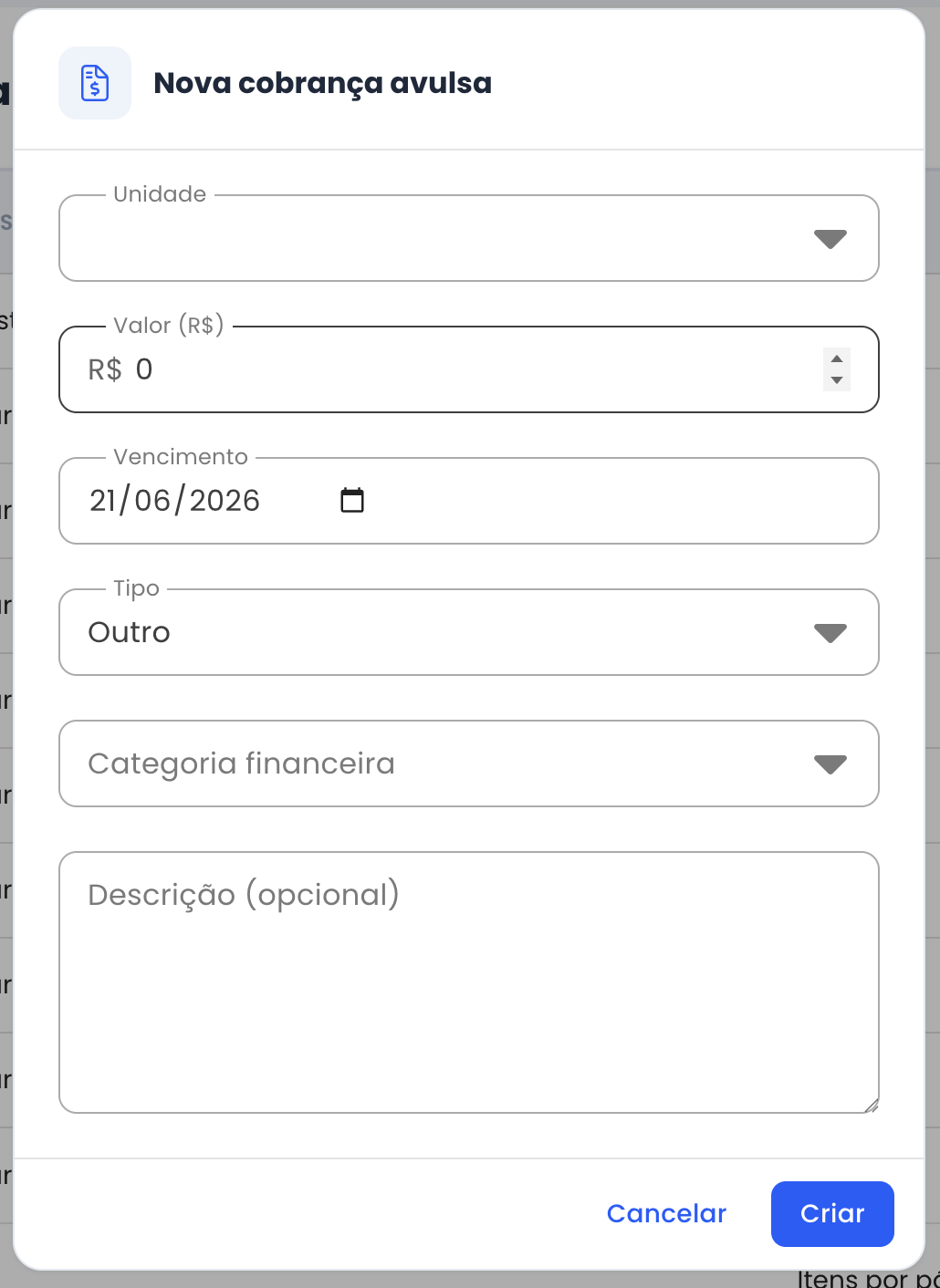 Modal de nova cobrança avulsa