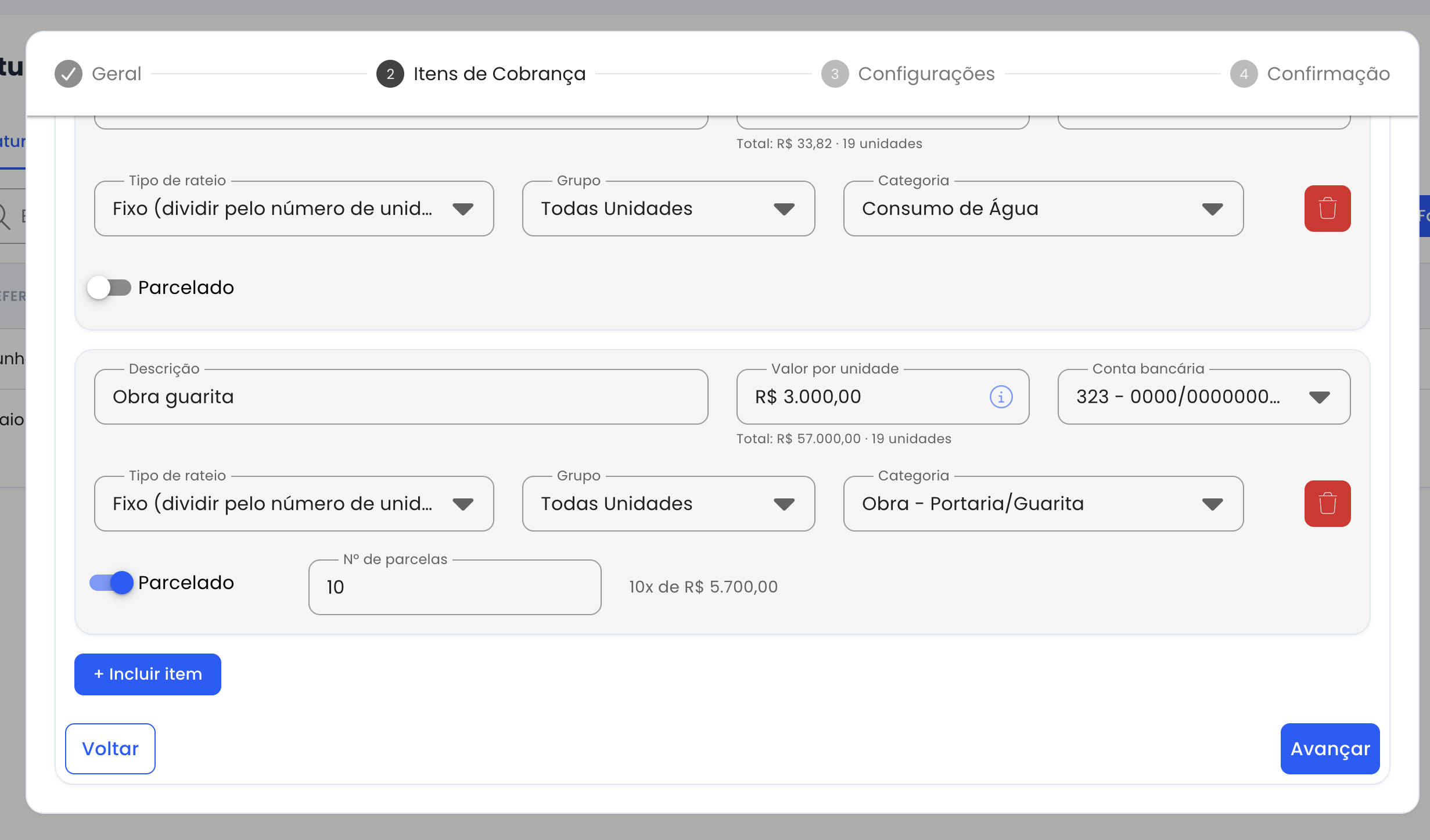 Passo 2: item com parcelamento ativo (obra guarita em 10x)