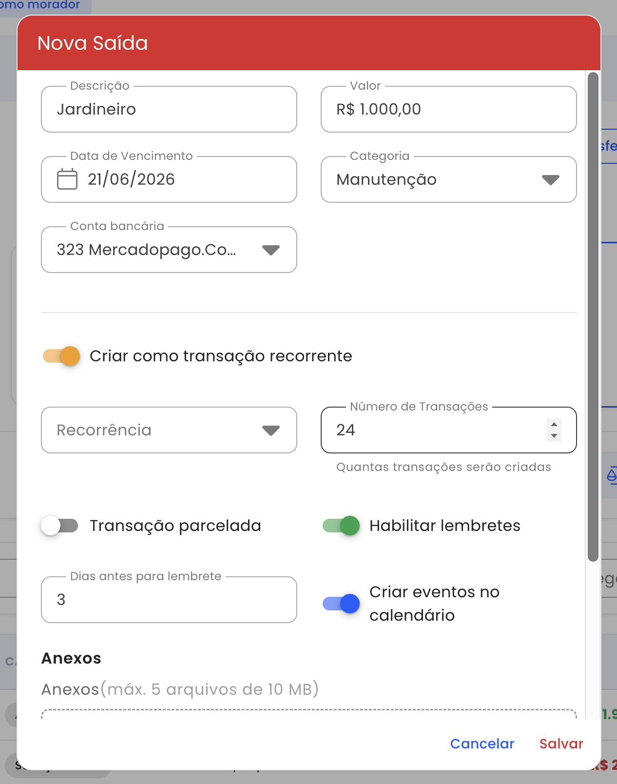 Formulário de nova saída com transação recorrente ativada mostrando campos de recorrência, número de transações, lembretes e eventos no calendário