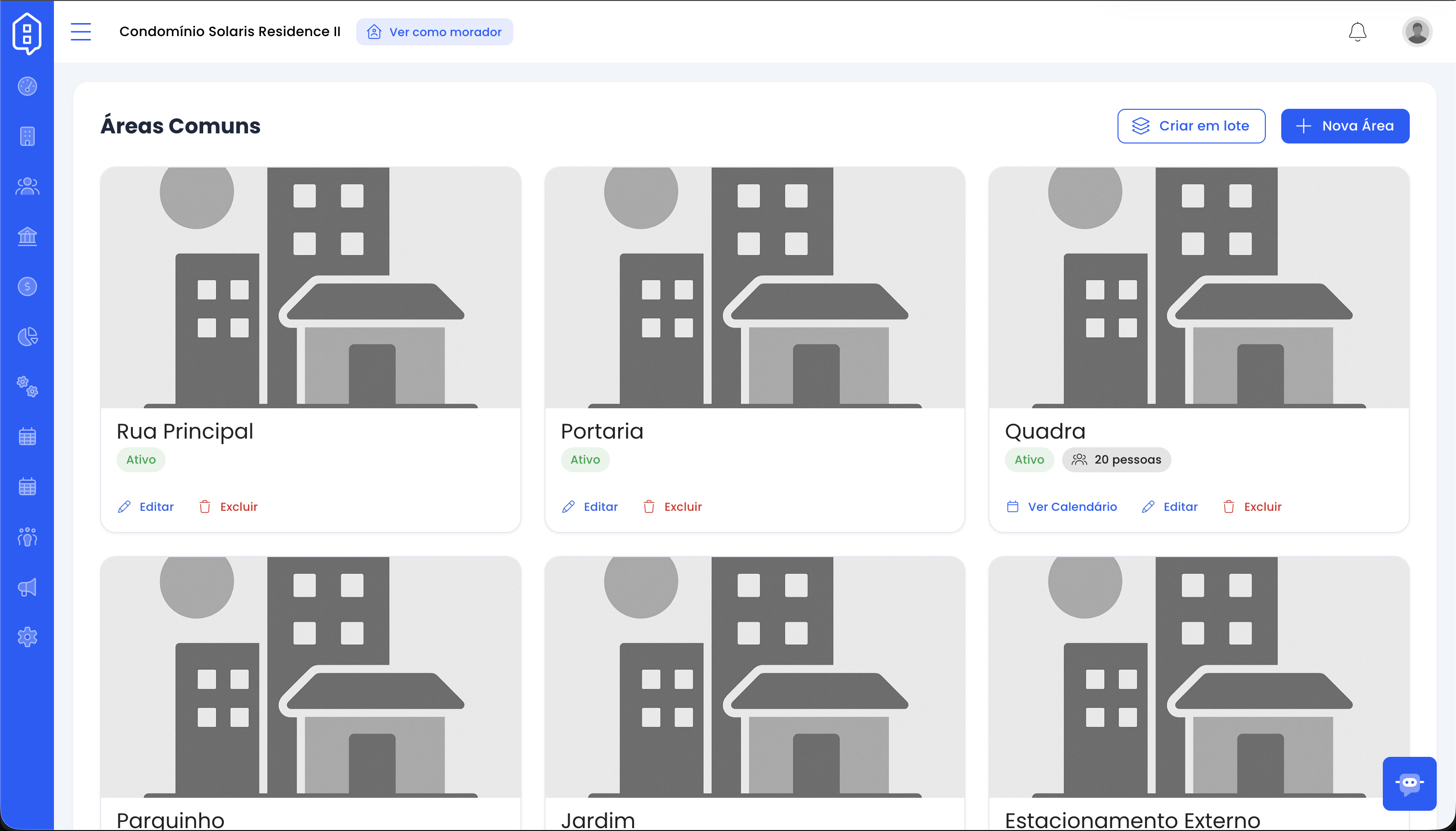 Tela de listagem de áreas comuns com cards de Rua Principal, Portaria, Quadra e outros espaços