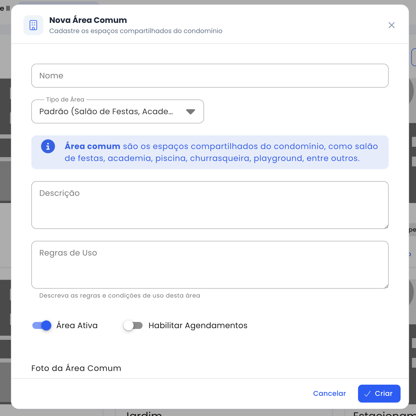 Formulário de nova área comum com campos de nome, tipo, descrição e regras de uso