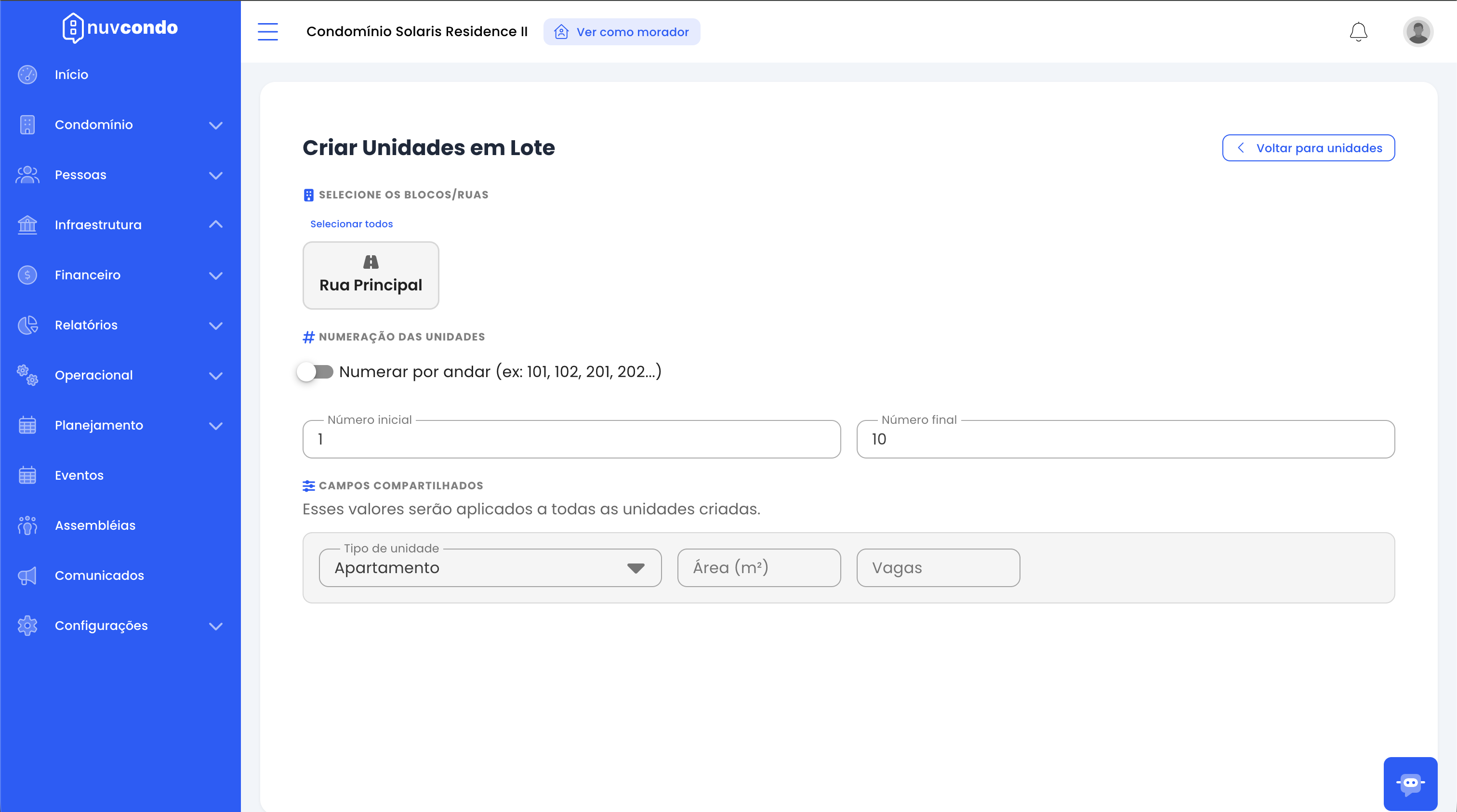 Tela de criação de unidades em lote com seleção de blocos, numeração e campos compartilhados