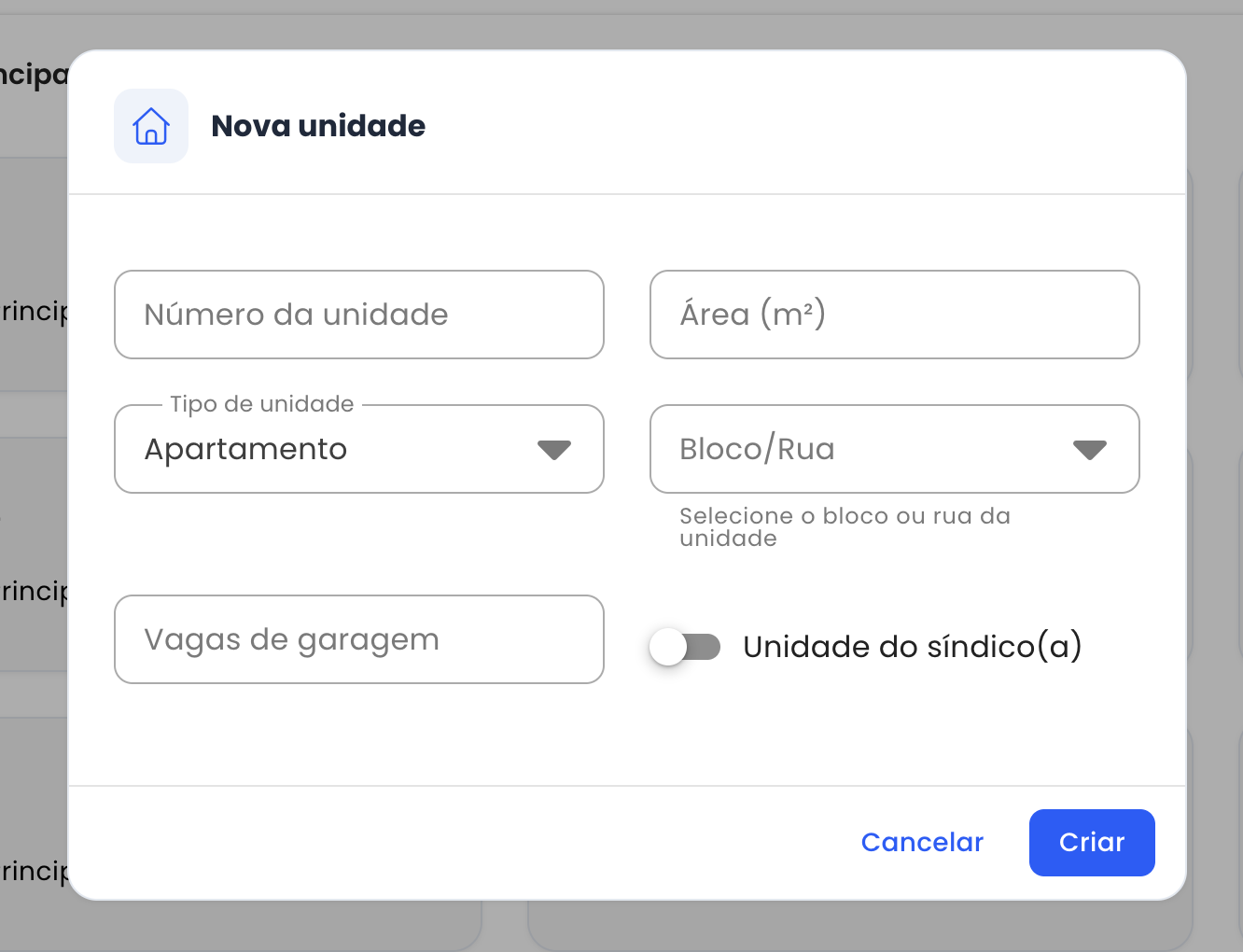 Formulário de nova unidade com campos de número, área, tipo, bloco/rua, vagas e síndico
