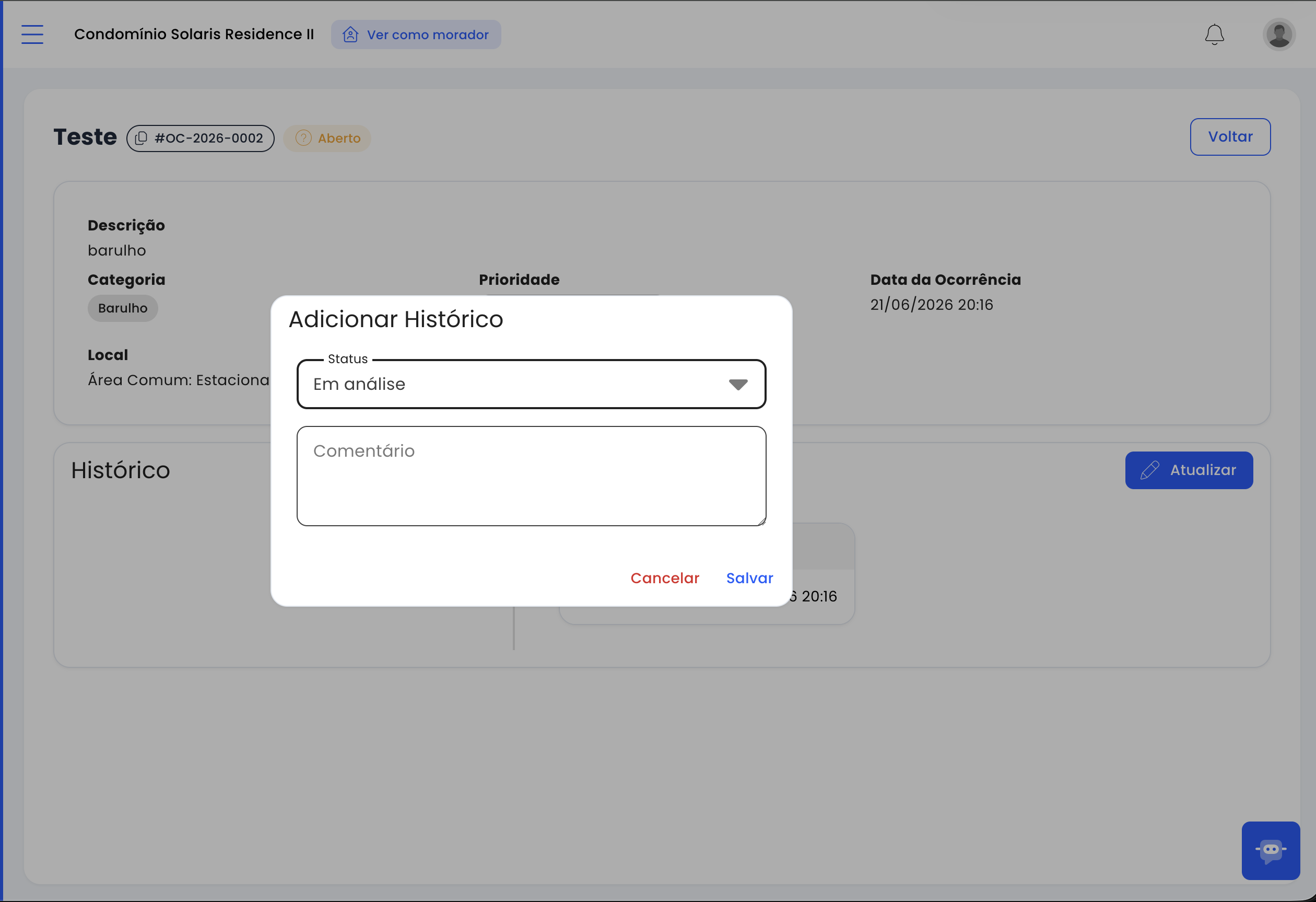 Modal de adicionar histórico com seletor de status Em análise e campo de comentário
