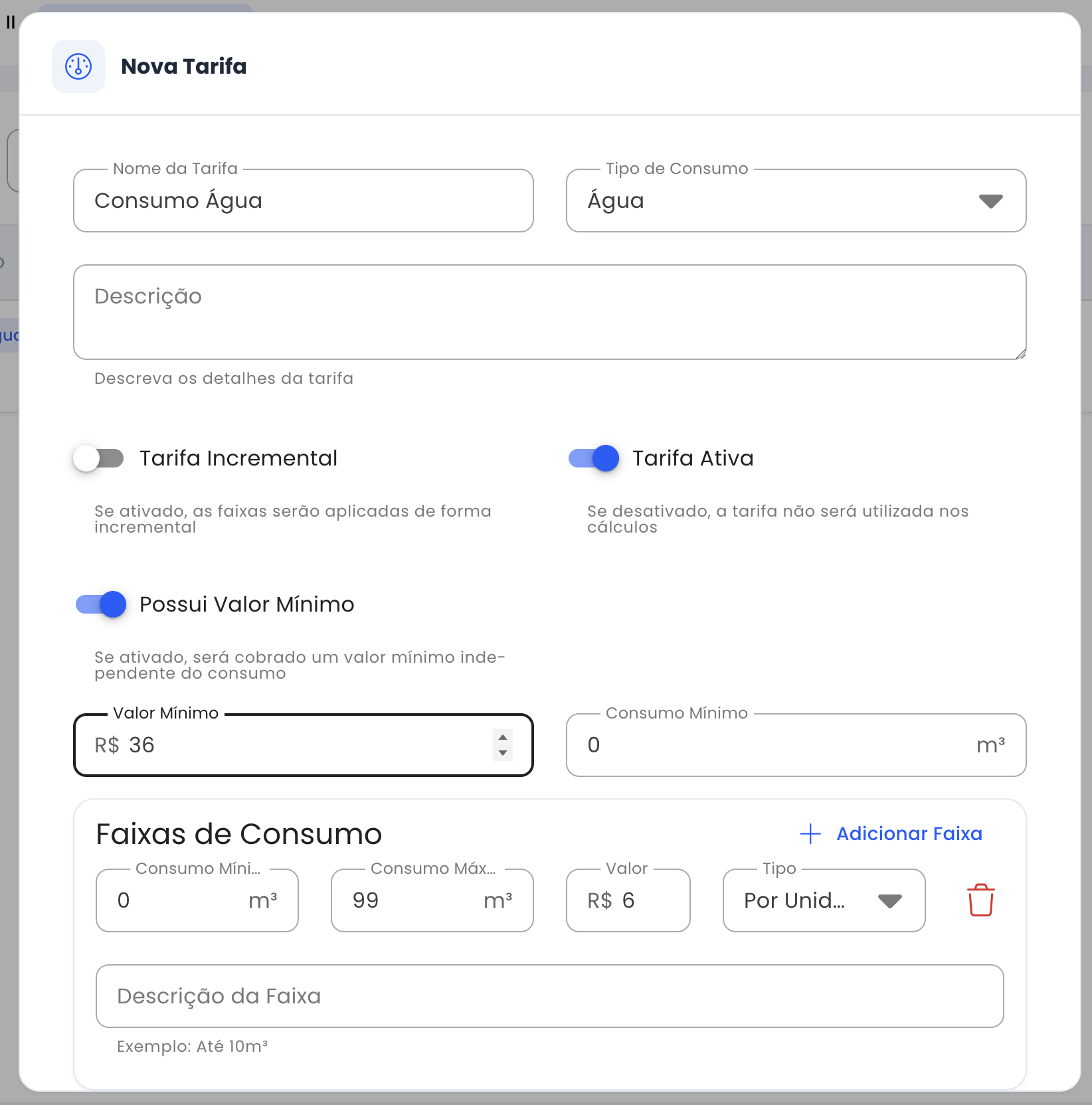 Formulário de nova tarifa com campos de nome, tipo de consumo, configurações de valor mínimo e faixas de consumo