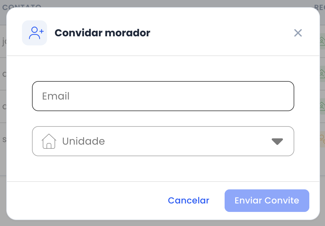 Modal de convite com campo de e-mail e seleção de unidade