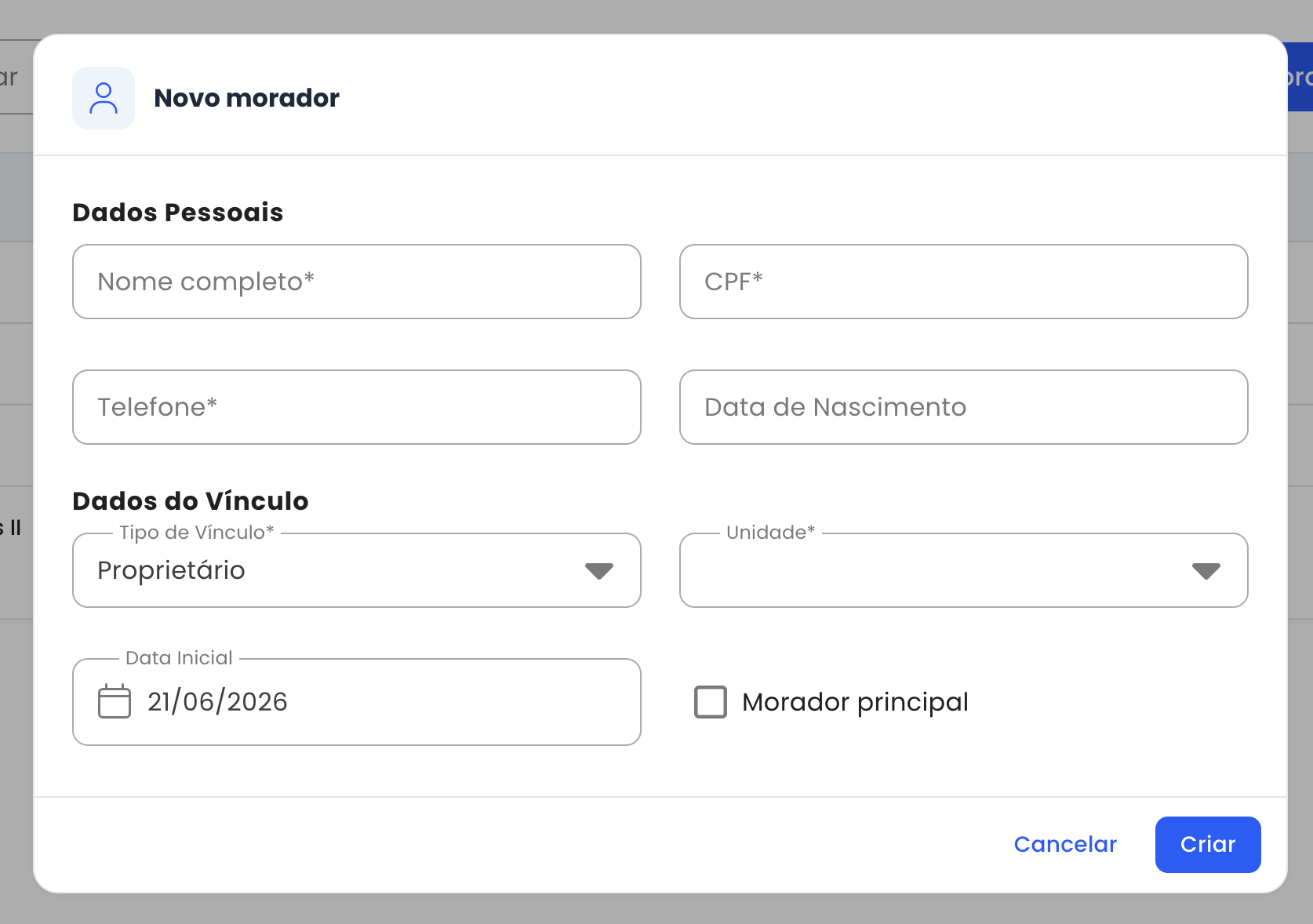 Formulário de novo morador com campos de dados pessoais e dados do vínculo