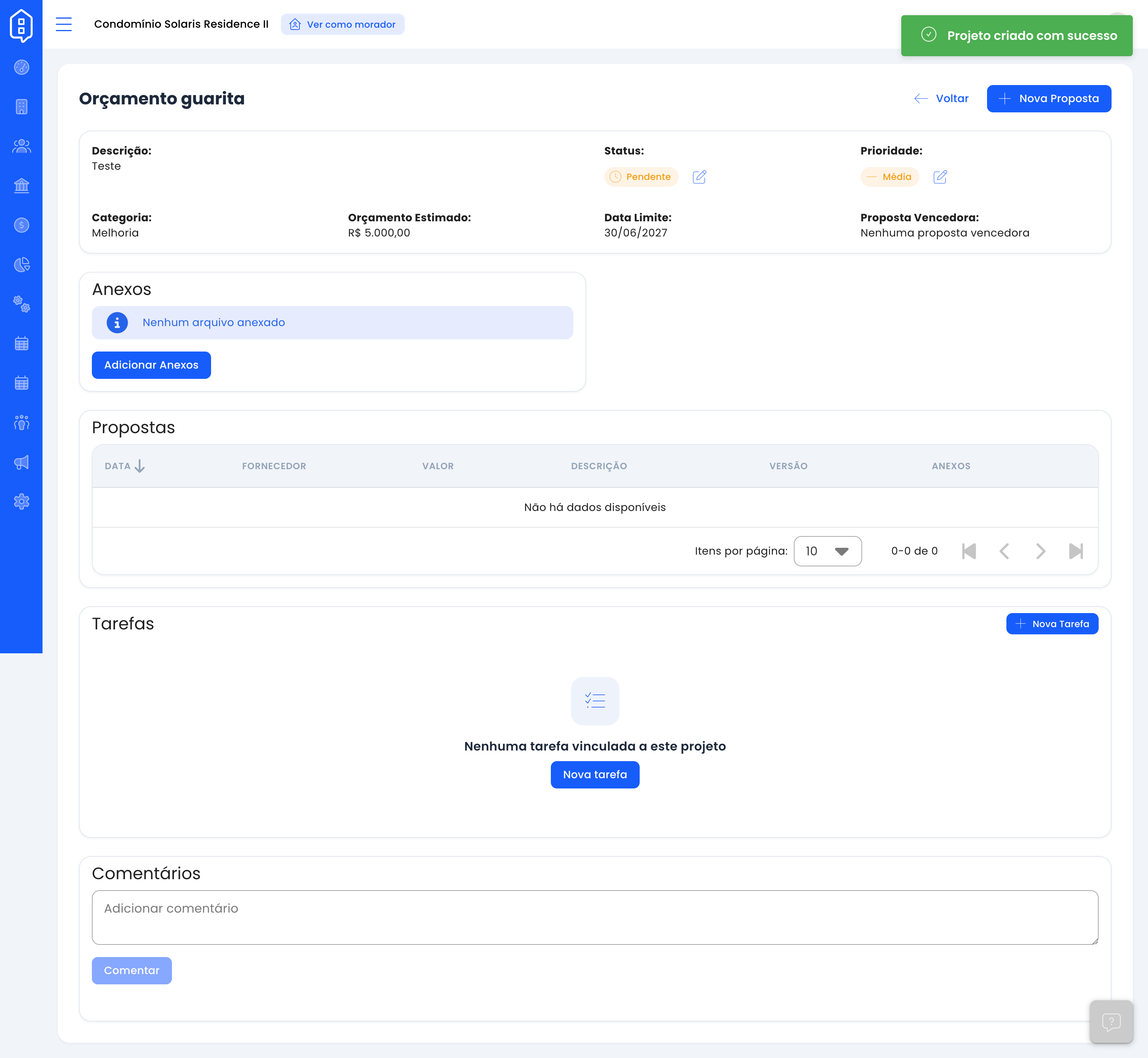 Página de detalhe do projeto com status, prioridade, propostas, tarefas e comentários