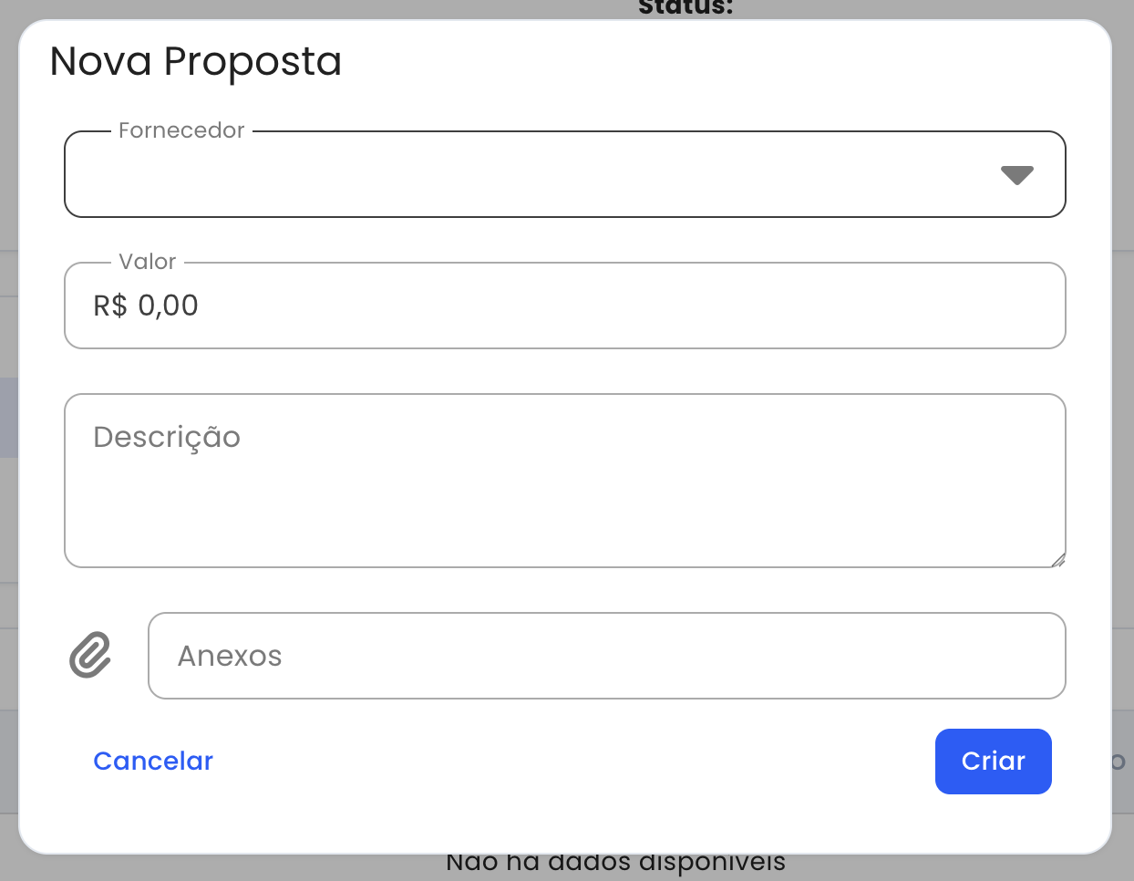 Modal de nova proposta com campos de fornecedor, valor, descrição e anexos