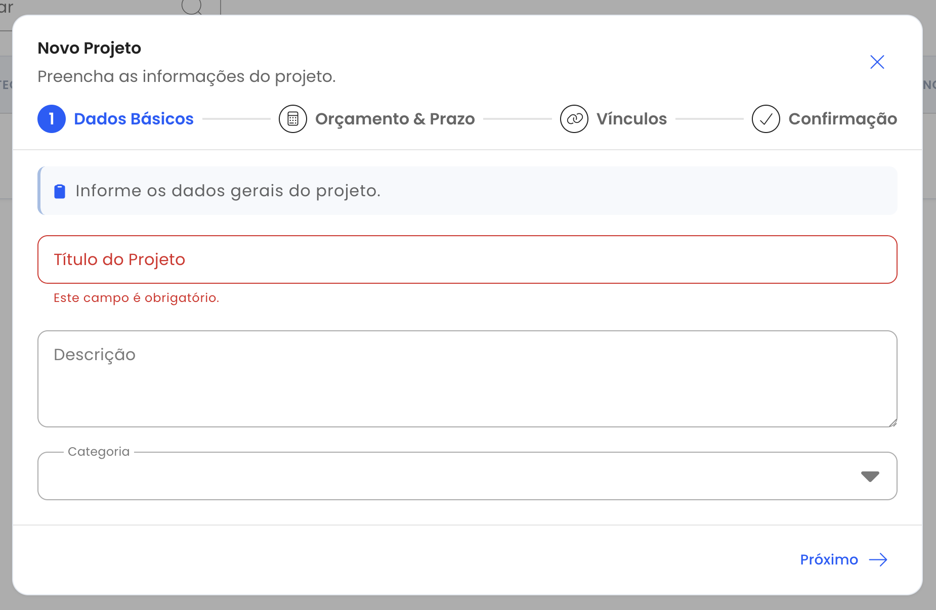Formulário de novo projeto — etapa Dados Básicos com campos de título, descrição e categoria