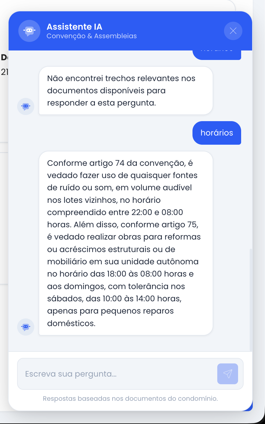 Assistente IA aberto com uma conversa mostrando resposta sobre horários de ruído e obras com referência ao artigo da convenção