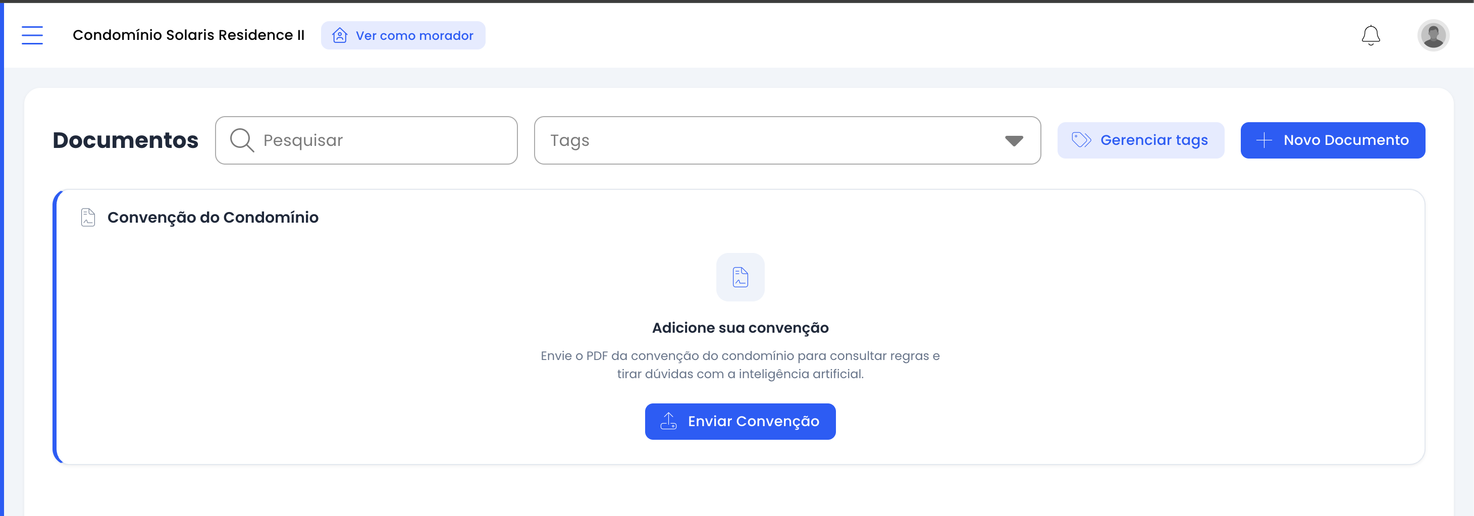 Página de Documentos com o cartão Convenção do Condomínio vazio e botão Enviar Convenção